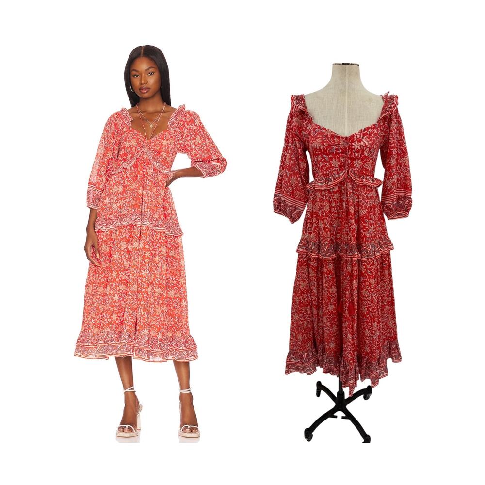 Cleobella Celia Midi Dress Red Floral Organic Cotton Boho Ruffle Tiered Size XS